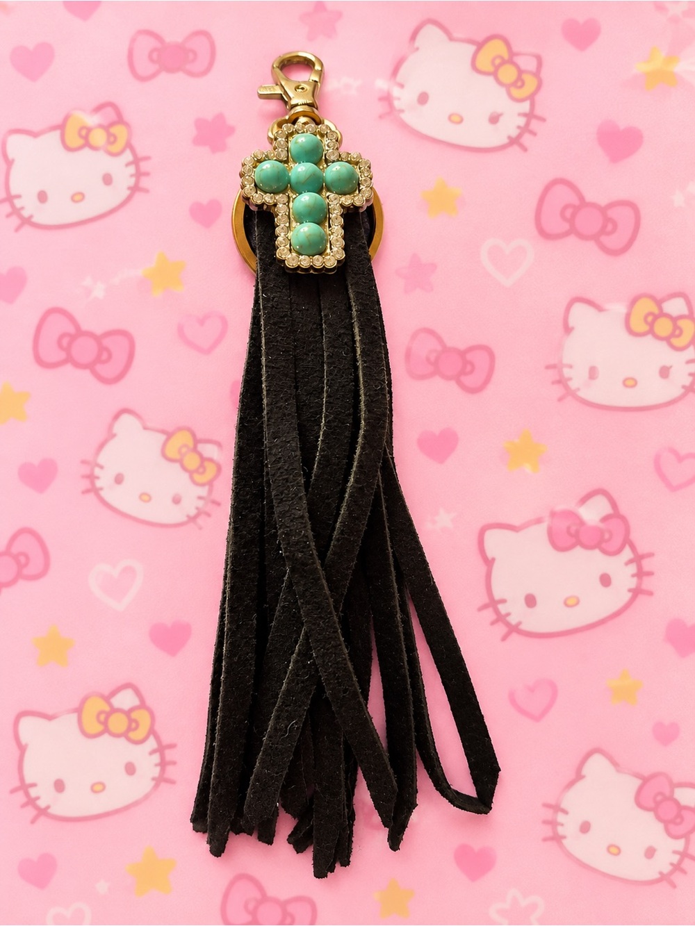 Turquoise Cross Rhinestone Black Tassel Purse Charm Keychain